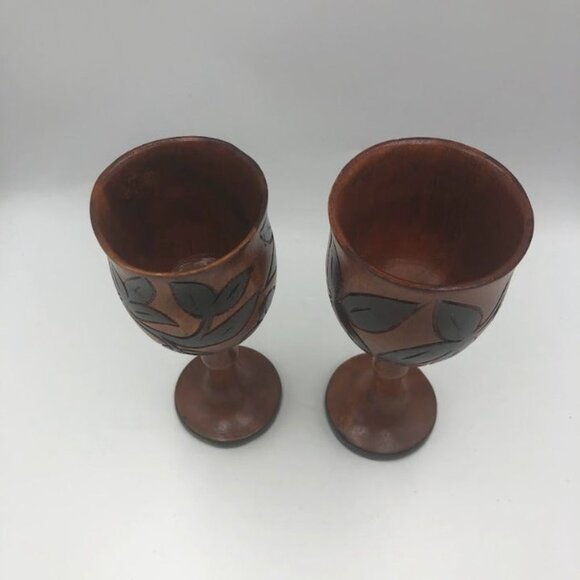 Vintage Hand Carved Wood Goblets Floral Design Collectible Set of 2 - Picture 5 of 12